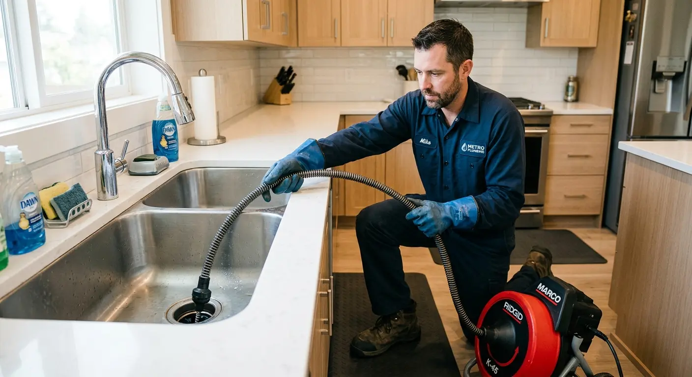 Drain cleaning technician using a motorized snake on a kitchen sink in Woodinville