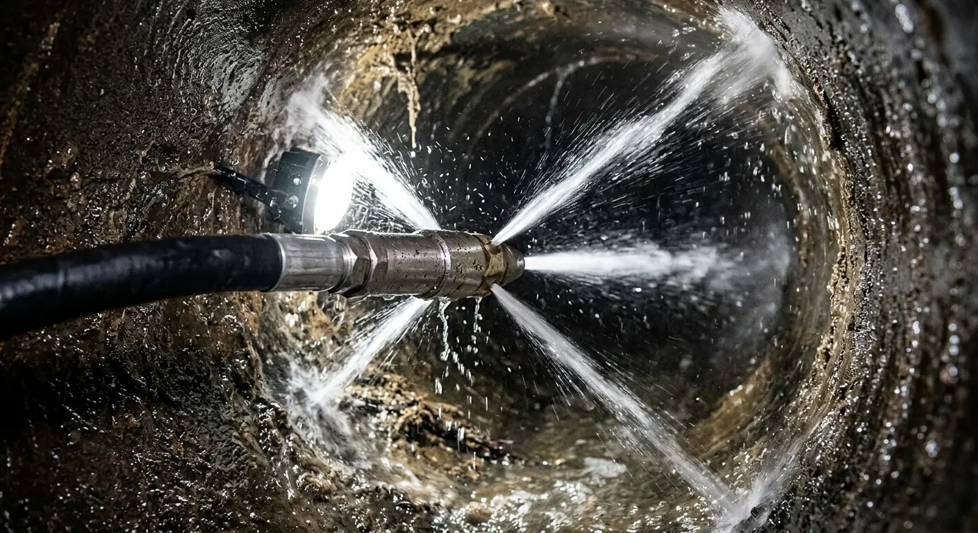 High-pressure hydro jetting nozzle cleaning sewer pipe for Emergency Drain Service in Woodinville